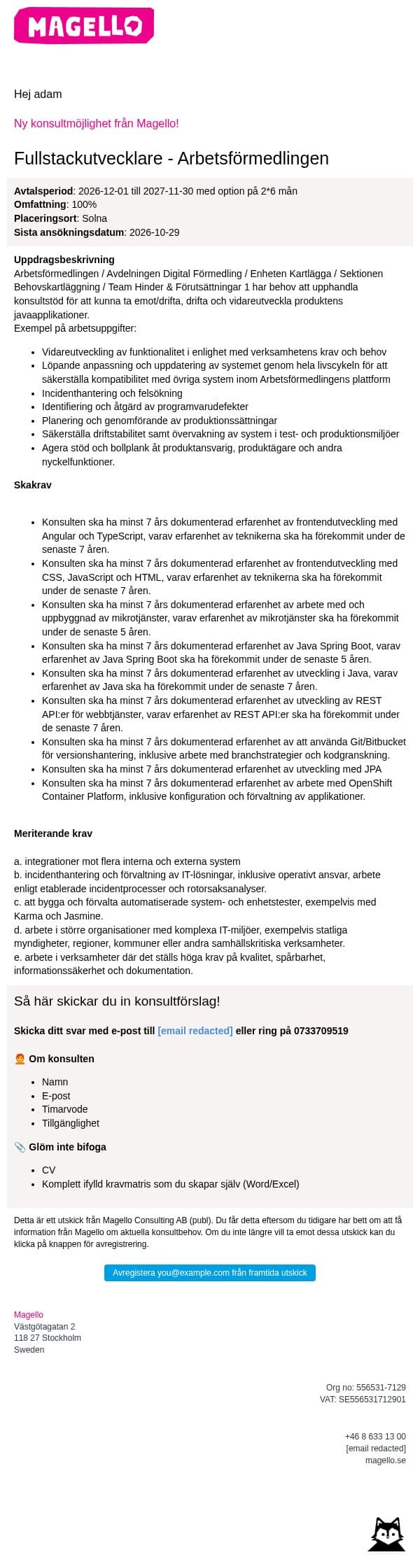 Magello söker en Fullstack till AF email from Webking screenshot