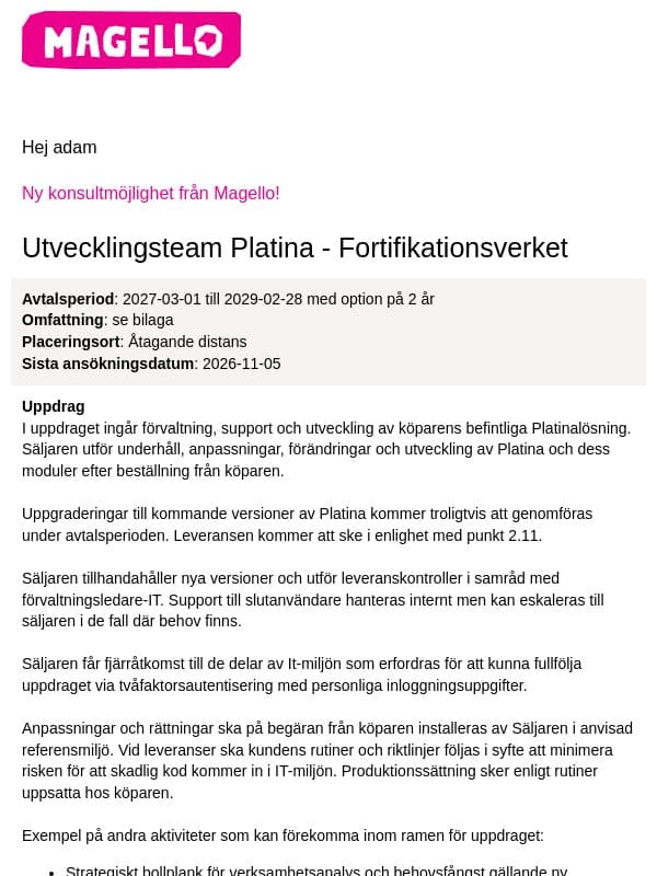 Magello söker ett team till Fortifikationsverket email from Webking