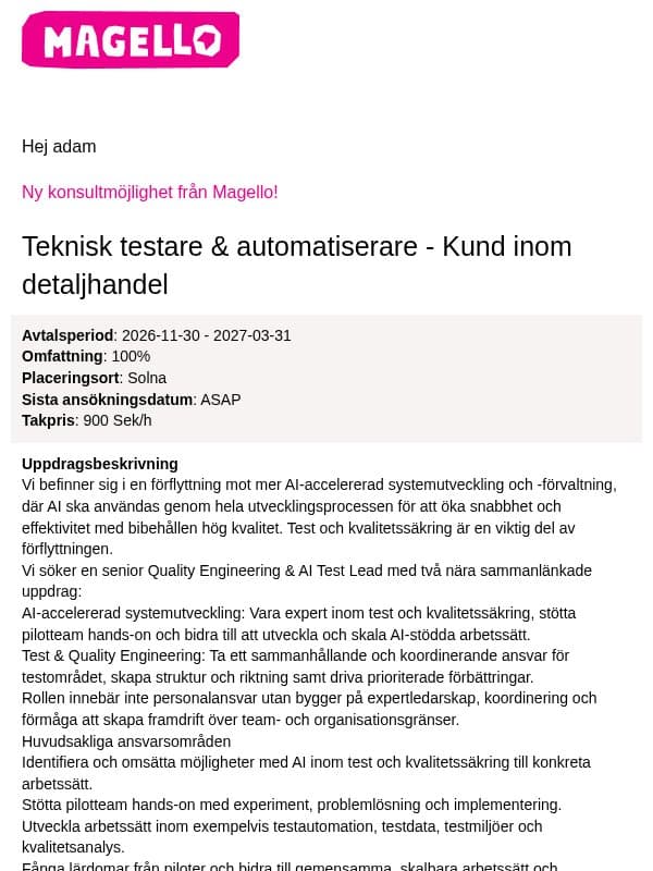 Magello söker en Teknisk testare email from Webking