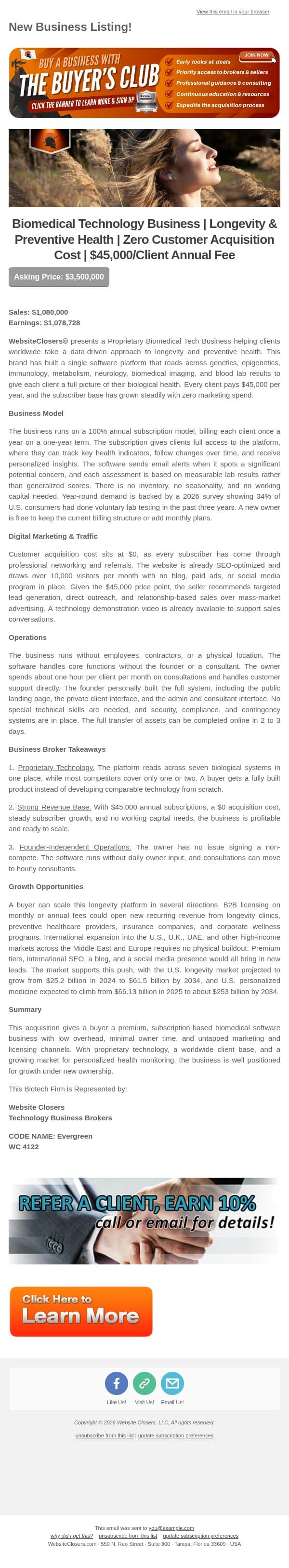 New Deal Alert: Biomedical Technology Business | Longevity & Preventive Health | Zero Customer Acquisition Cost | $45,000/Client Annual Fee email from Website Closers screenshot
