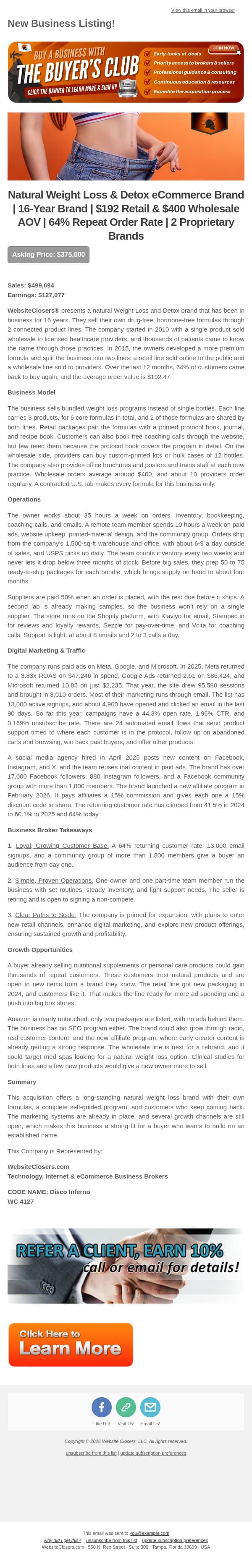 New Deal Alert: Natural Weight Loss & Detox eCommerce Brand | 16-Year Brand | $192 Retail & $400 Wholesale AOV | 64% Repeat Order Rate | 2 Brands email from Website Closers screenshot