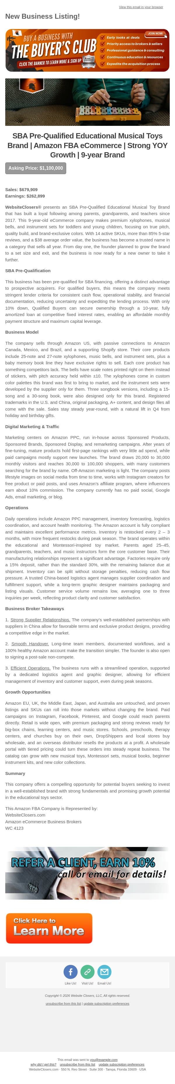 New Deal Alert: SBA Pre-Qualified Educational Musical Toys Brand | Amazon FBA eCommerce | Strong YOY Growth | 9-year Brand email from Website Closers screenshot