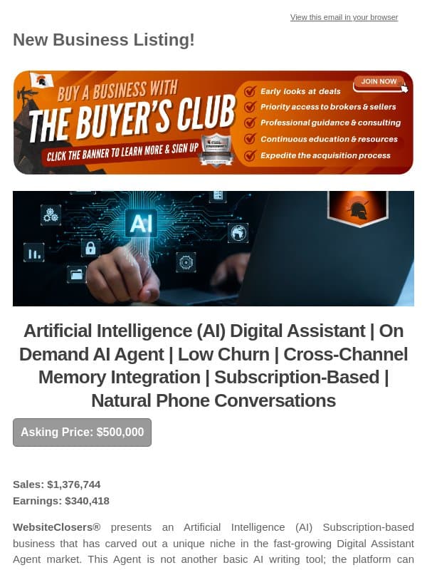New Deal Alert: Artificial Intelligence (AI) Digital Assistant | On Demand AI Agent | Low Churn | Cross-Channel Memory Integration Subscription-Based email from Website Closers