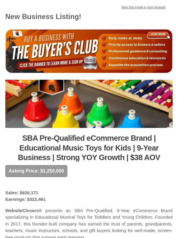 New Deal Alert: SBA Pre-Qualified eCommerce Brand | Educational Music Toys for Kids | 9-Year Business | Strong YOY Growth | $38 AOV email from Website Closers