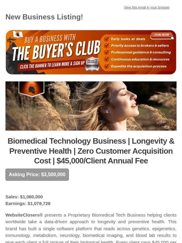 New Deal Alert: Biomedical Technology Business | Longevity & Preventive Health | Zero Customer Acquisition Cost | $45,000/Client Annual Fee email from Website Closers