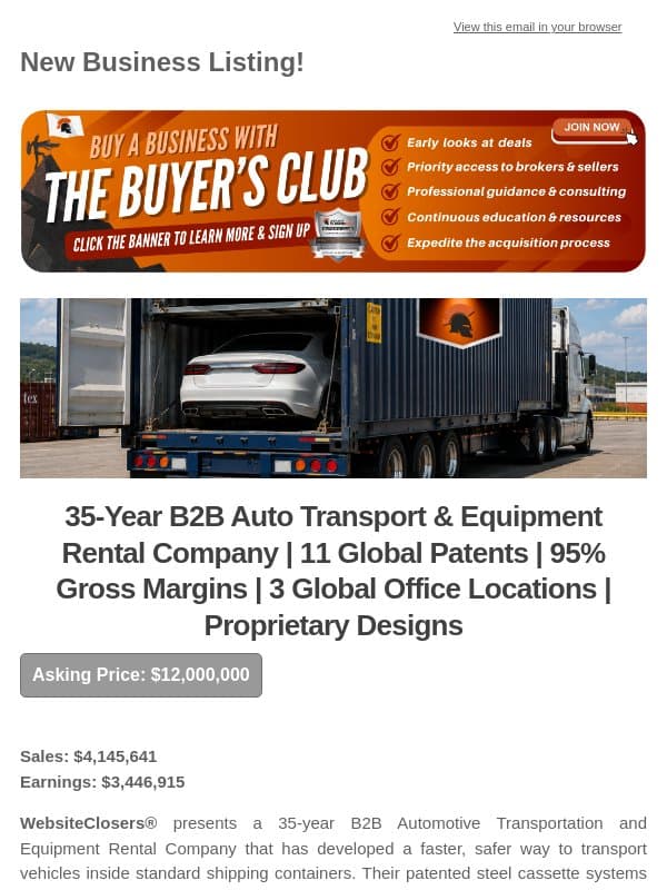 New Deal Alert: 35-Year B2B Auto Transport & Equipment Rental Company | 11 Global Patents | 95% Gross Margins | 3 Global Office Locations email from Website Closers