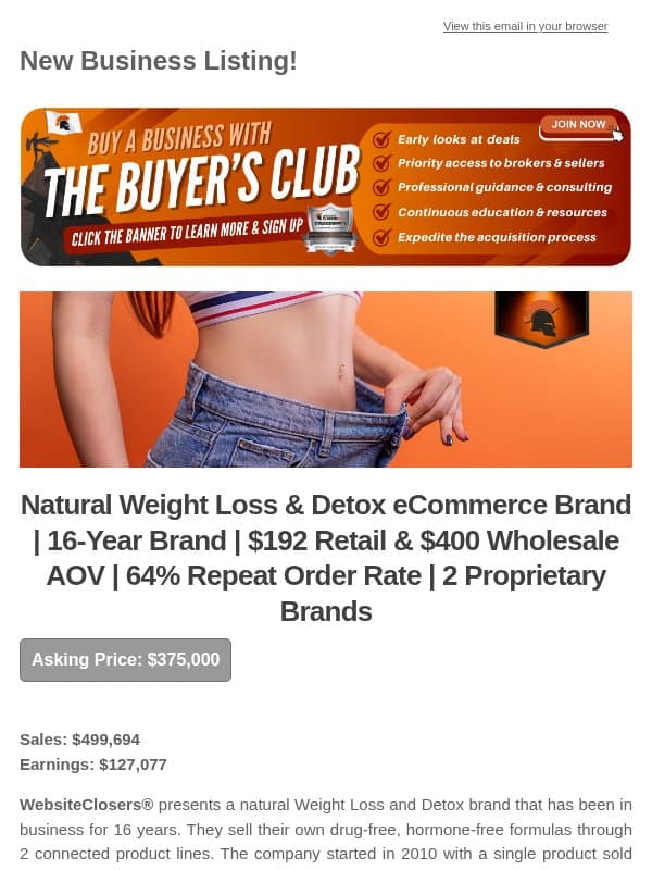 New Deal Alert: Natural Weight Loss & Detox eCommerce Brand | 16-Year Brand | $192 Retail & $400 Wholesale AOV | 64% Repeat Order Rate | 2 Brands email from Website Closers