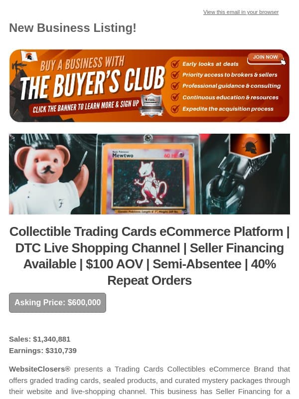 New Deal Alert: Collectible Trading Cards eCommerce Platform | DTC Live Shopping Channel | Seller Financing Available | $100 AOV | Semi-Absentee email from Website Closers
