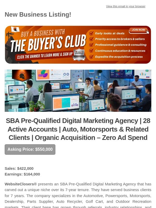 New Deal Alert: SBA Pre-Qualified Digital Marketing Agency | 28 Active Accounts | Auto, Motorsports & Related Clients | Organic Acquisition email from Website Closers
