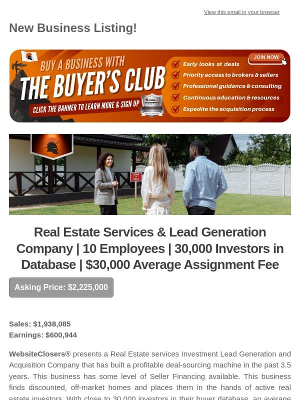 New Deal Alert: Real Estate Services & Lead Generation Company | 10 Employees | 30,000 Investors in Database | $30,000 Average Assignment Fee email from Website Closers