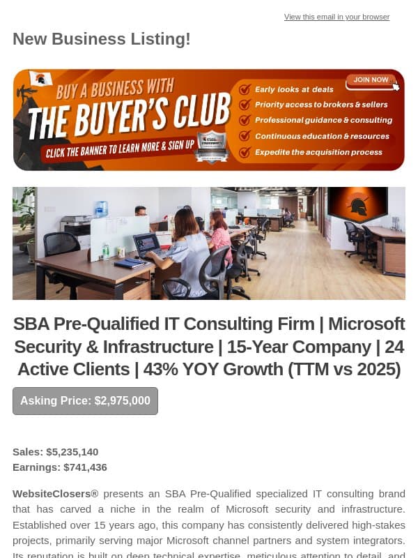 New Deal Alert: SBA Pre-Qualified IT Consulting Firm | Microsoft Security & Infrastructure | 15-Year Company | 24 Active Clients | 43% YOY Growth email from Website Closers