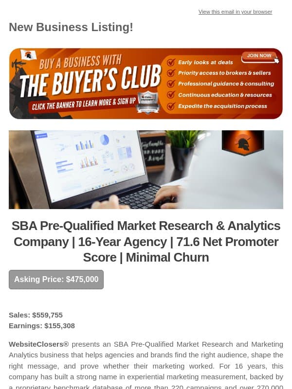 New Deal Alert: SBA Pre-Qualified Market Research & Analytics Company | 16-Year Agency | 71.6 Net Promoter Score | Minimal Churn email from Website Closers