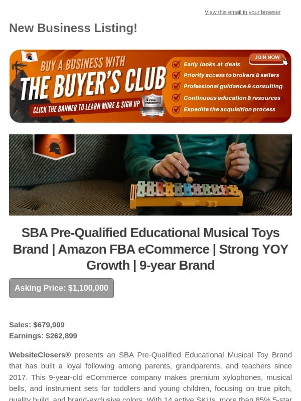 New Deal Alert: SBA Pre-Qualified Educational Musical Toys Brand | Amazon FBA eCommerce | Strong YOY Growth | 9-year Brand email from Website Closers