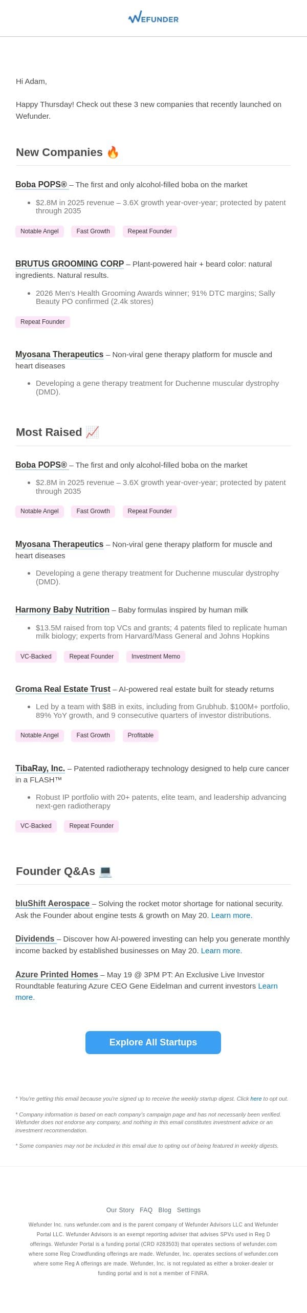 3 New Startups This Week! email from Wefunder screenshot