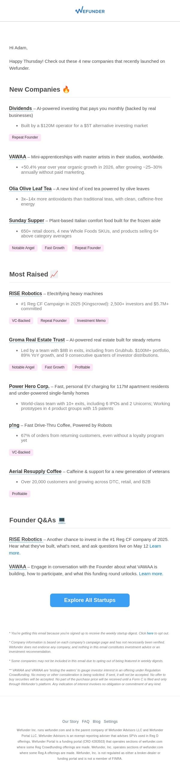 4 New Startups This Week! email from Wefunder screenshot