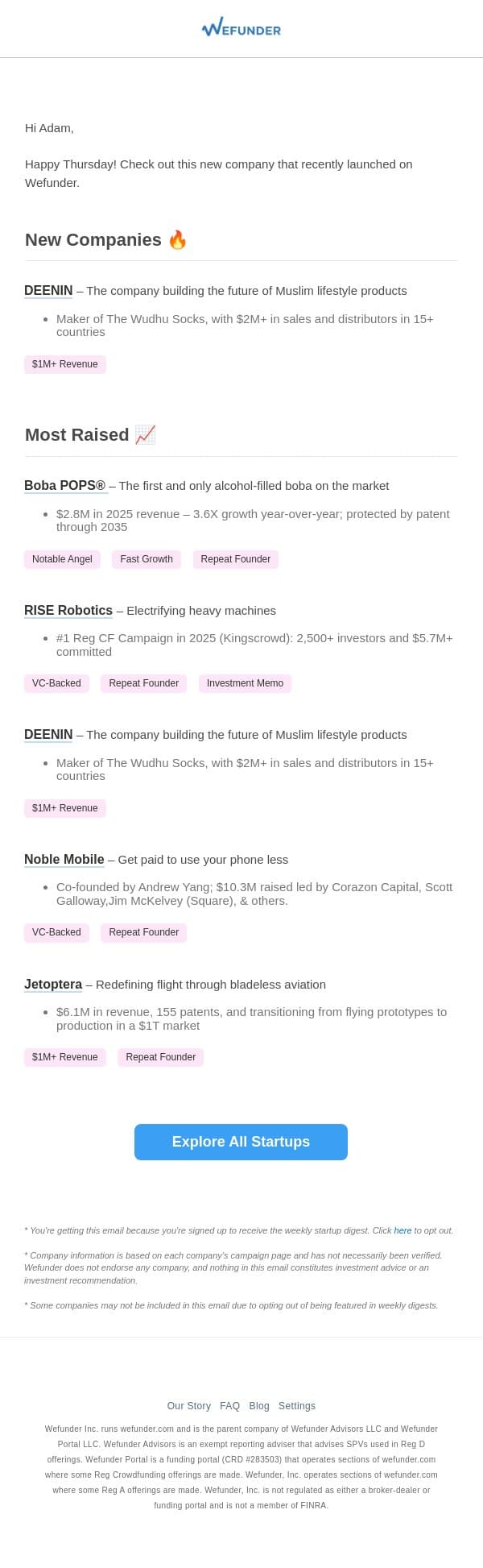 1 New Startup This Week! email from Wefunder screenshot