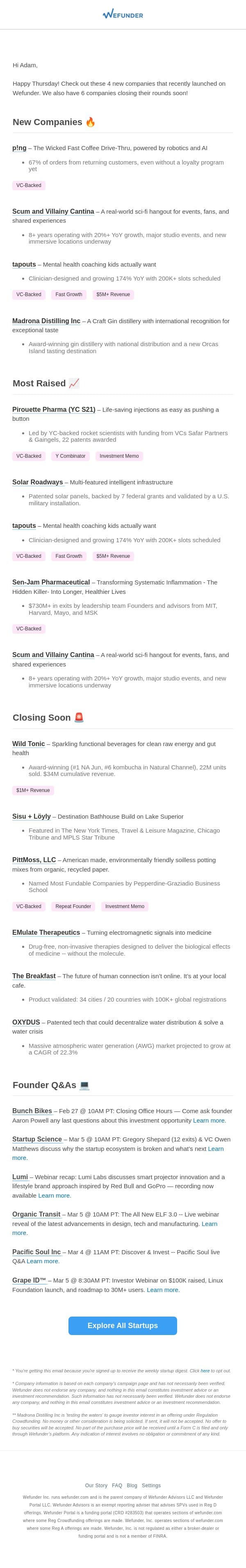 4 New Startups This Week, 6 Closing Soon! email from Wefunder screenshot