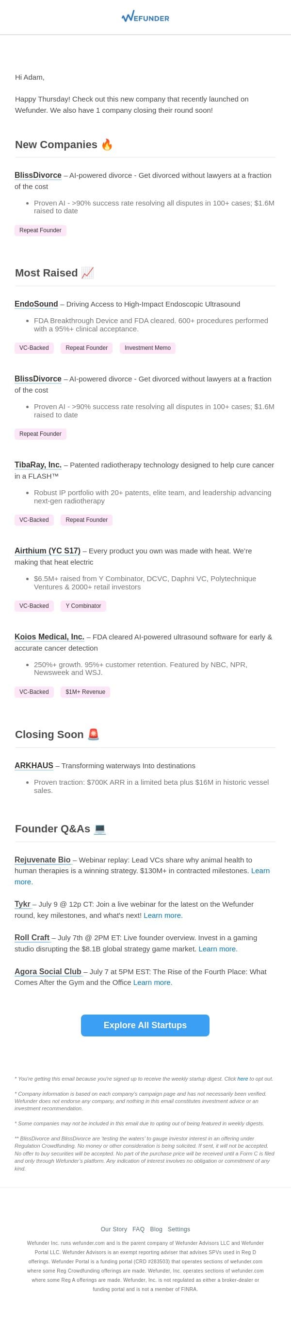 1 New Startup This Week, 1 Closing Soon! email from Wefunder screenshot