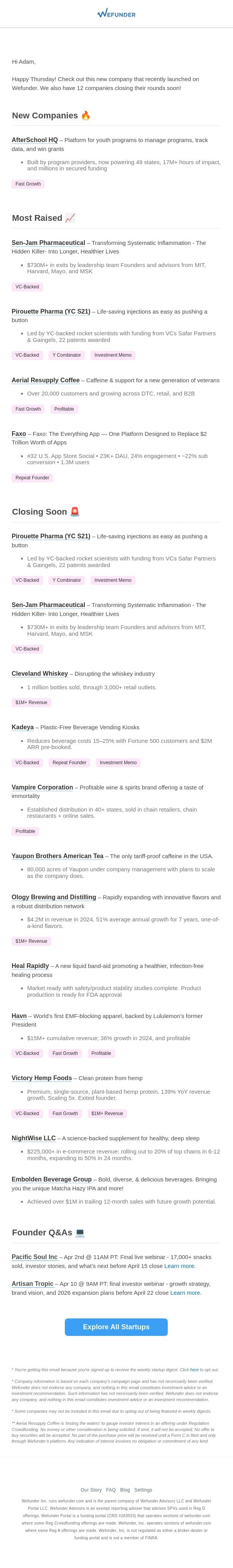 1 New Startup This Week, 12 Closing Soon! email from Wefunder screenshot