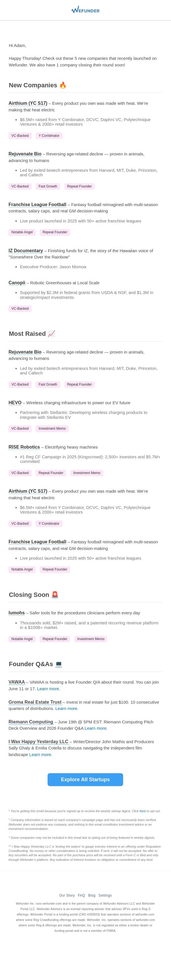5 New Startups This Week, 1 Closing Soon! email from Wefunder screenshot