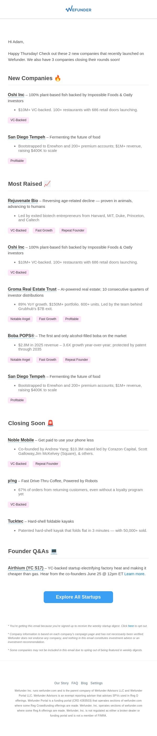 2 New Startups This Week, 3 Closing Soon! email from Wefunder screenshot