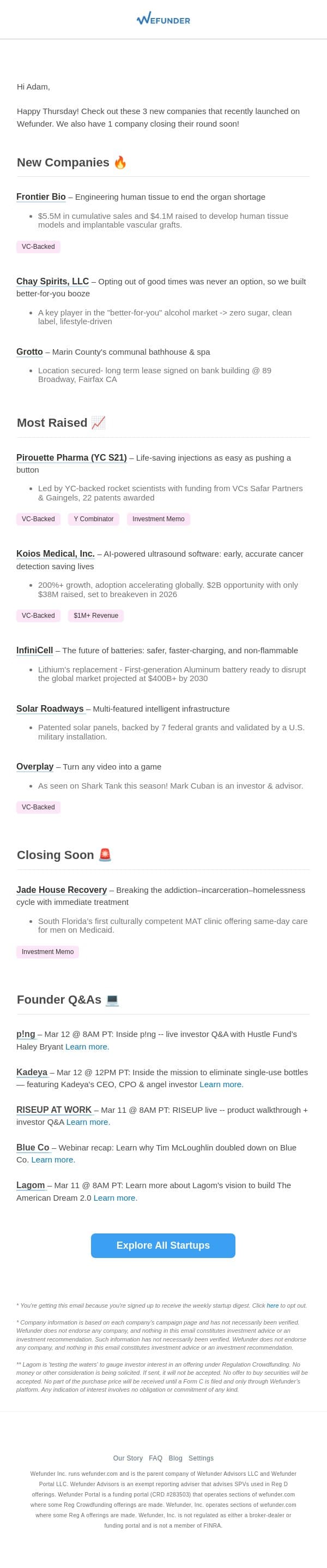 3 New Startups This Week, 1 Closing Soon! email from Wefunder screenshot