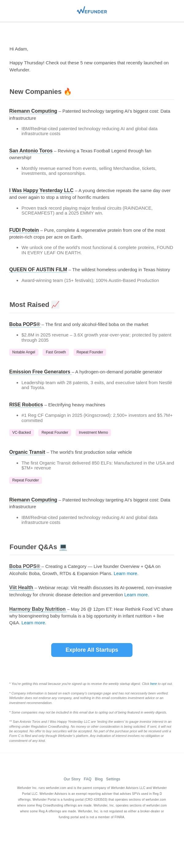 5 New Startups This Week! email from Wefunder screenshot