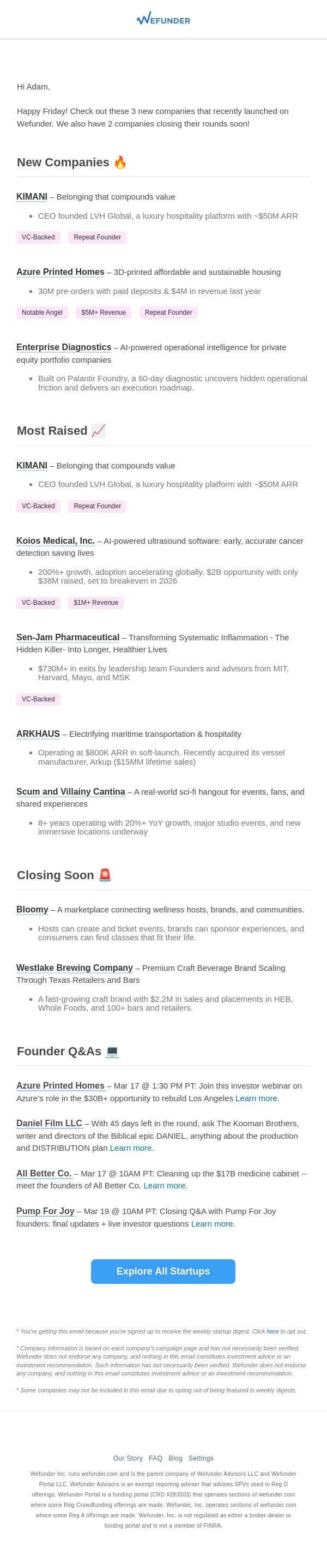 3 New Startups This Week, 2 Closing Soon! email from Wefunder screenshot