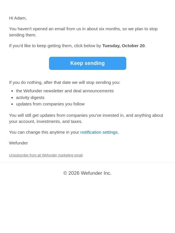 Still want emails from Wefunder? email from Wefunder screenshot