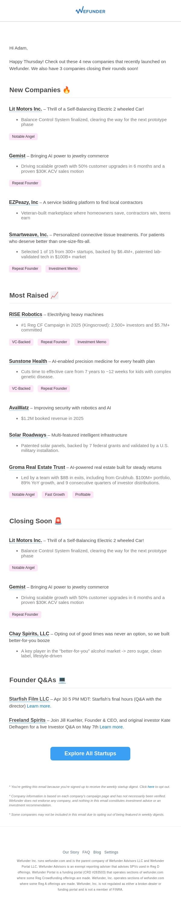 4 New Startups This Week, 3 Closing Soon! email from Wefunder screenshot