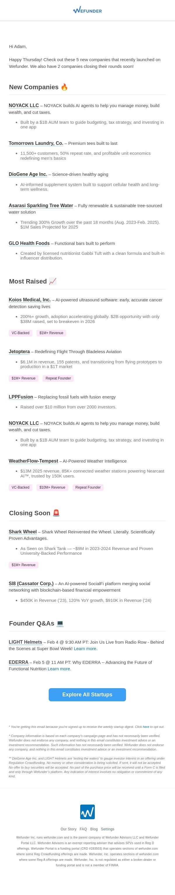 5 New Startups This Week, 2 Closing Soon! email from Wefunder screenshot