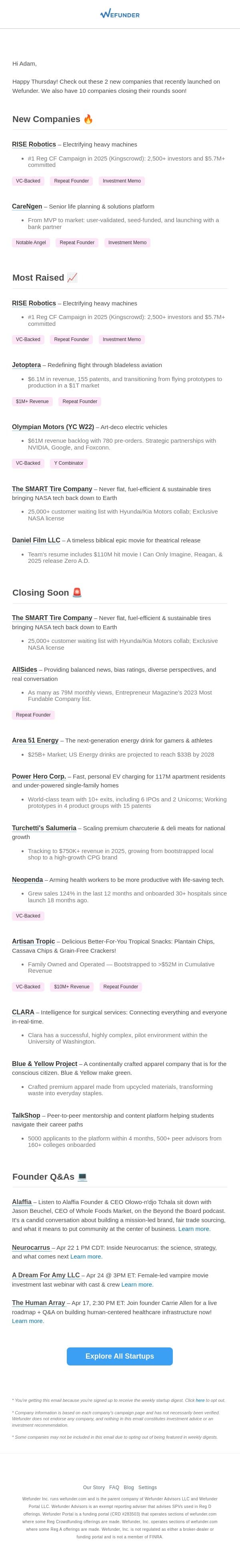 2 New Startups This Week, 10 Closing Soon! email from Wefunder screenshot