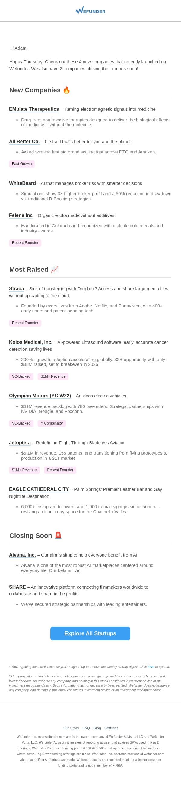 4 New Startups This Week, 2 Closing Soon! email from Wefunder screenshot