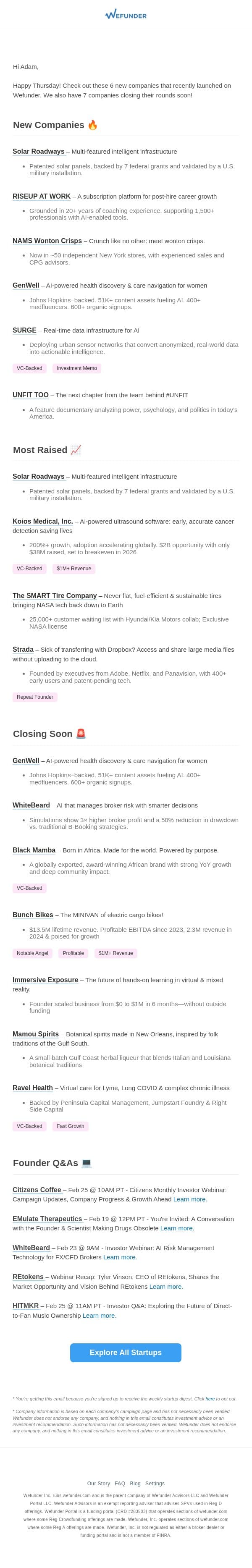6 New Startups This Week, 7 Closing Soon! email from Wefunder screenshot