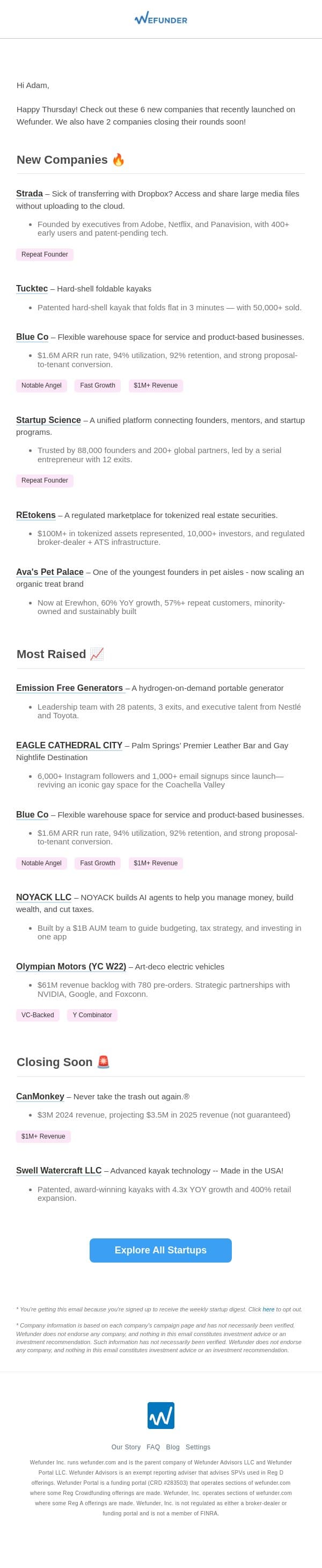6 New Startups This Week, 2 Closing Soon! email from Wefunder screenshot