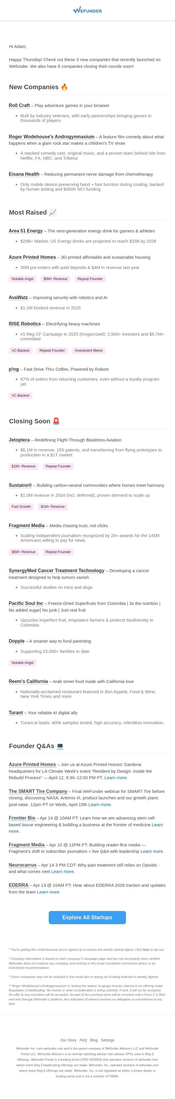 3 New Startups This Week, 8 Closing Soon! email from Wefunder screenshot