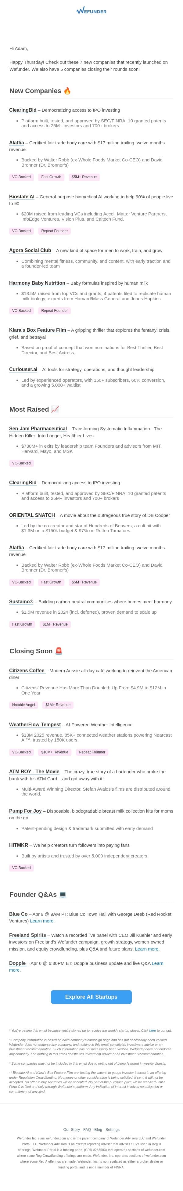 7 New Startups This Week, 5 Closing Soon! email from Wefunder screenshot