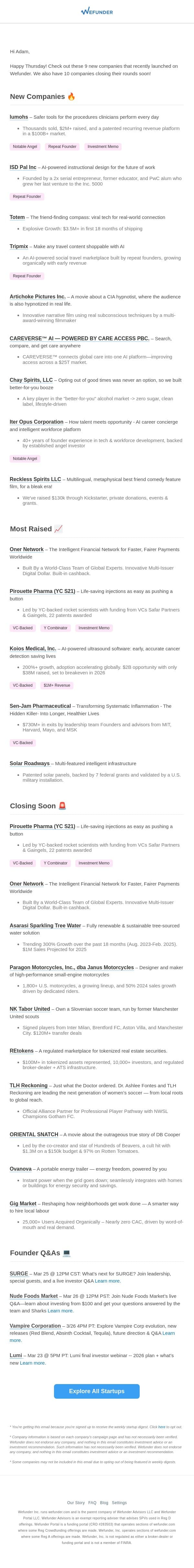 9 New Startups This Week, 10 Closing Soon! email from Wefunder screenshot