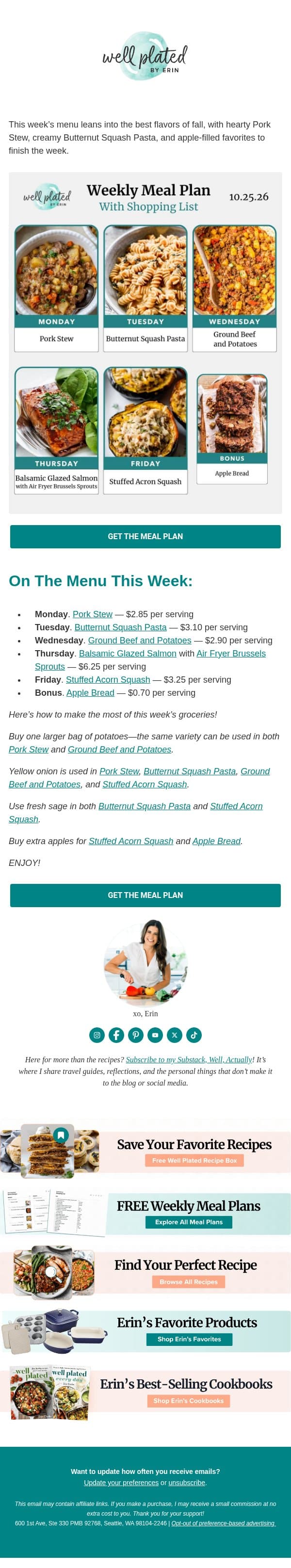 10.25.26 Meal Plan - What to Cook this Week email from Well Plated by Erin screenshot