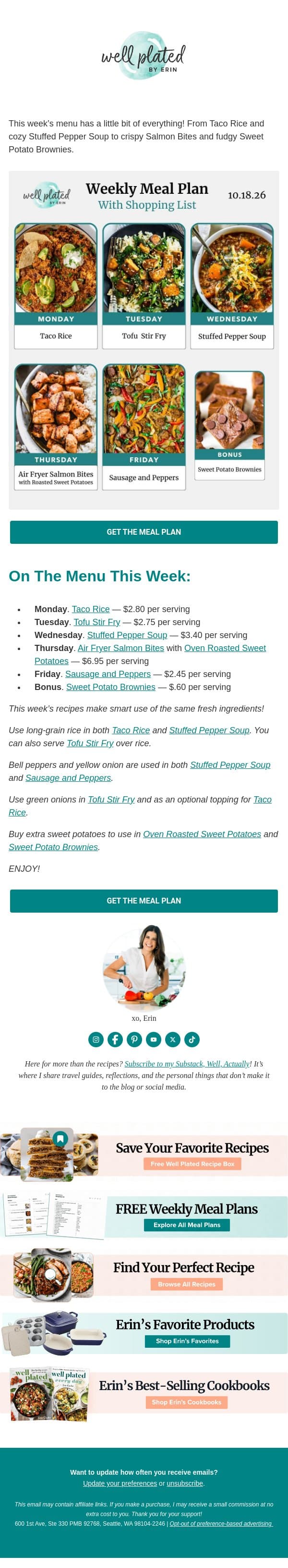 What to Cook this Week - 10.18.26 Meal Plan email from Well Plated by Erin screenshot
