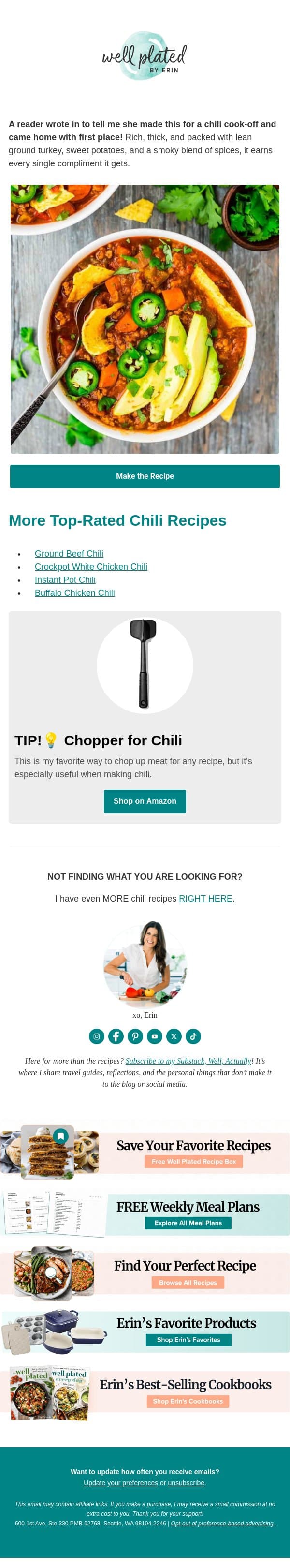 This Chili Won a Cook-Off 🌶️ email from Well Plated by Erin screenshot