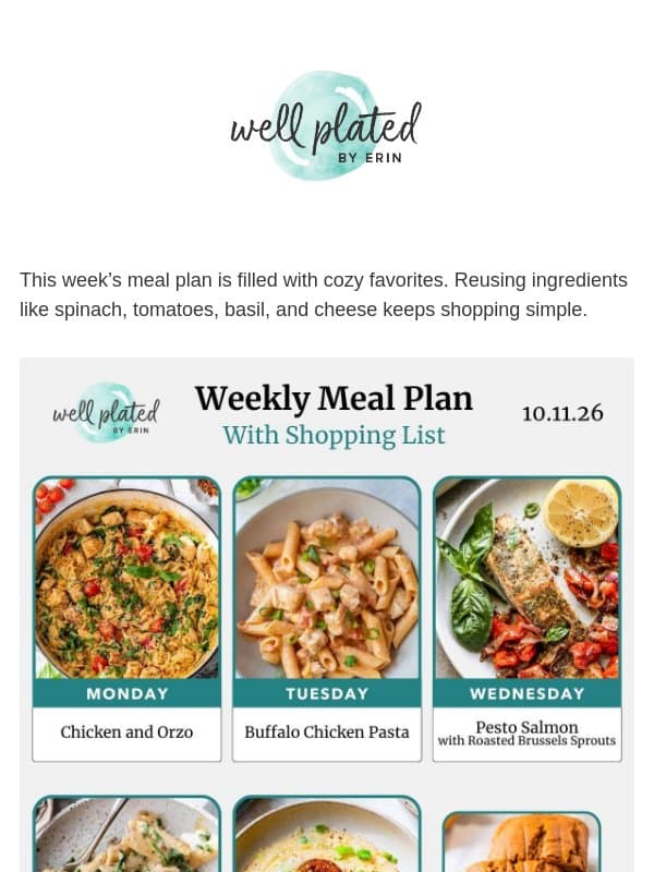 What to Cook this Week - 10.11.26 Meal Plan email from Well Plated by Erin