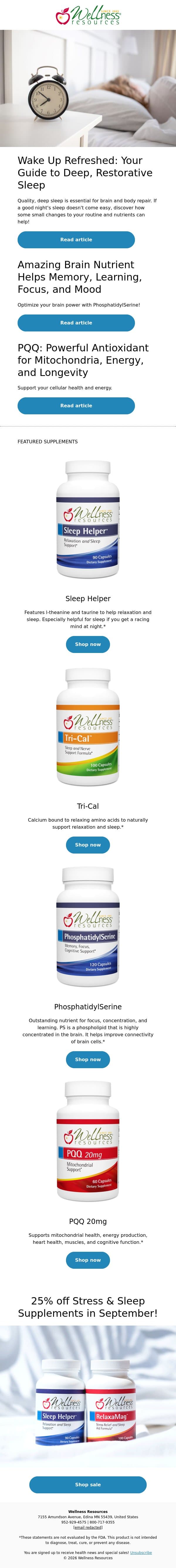 Wake Up Refreshed: Your Guide to Deep, Restorative Sleep email from Wellness Resources screenshot