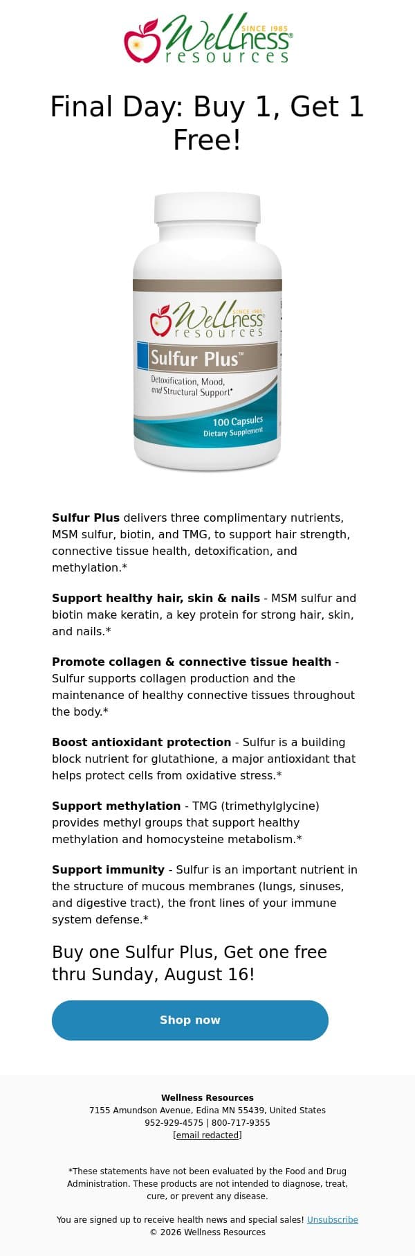 Final Day: Buy 1, Get 1 Sulfur Plus email from Wellness Resources screenshot