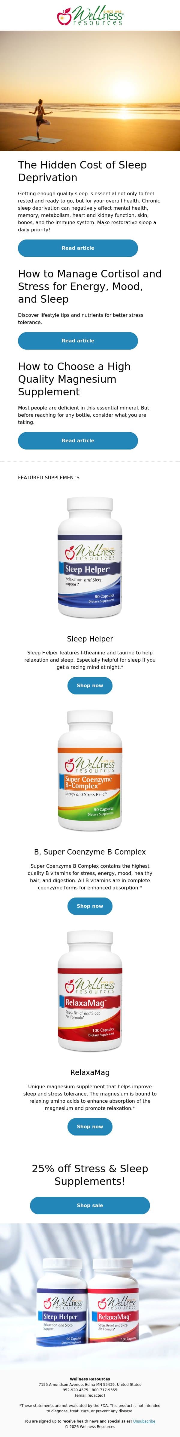The Hidden Cost of Sleep Deprivation email from Wellness Resources screenshot