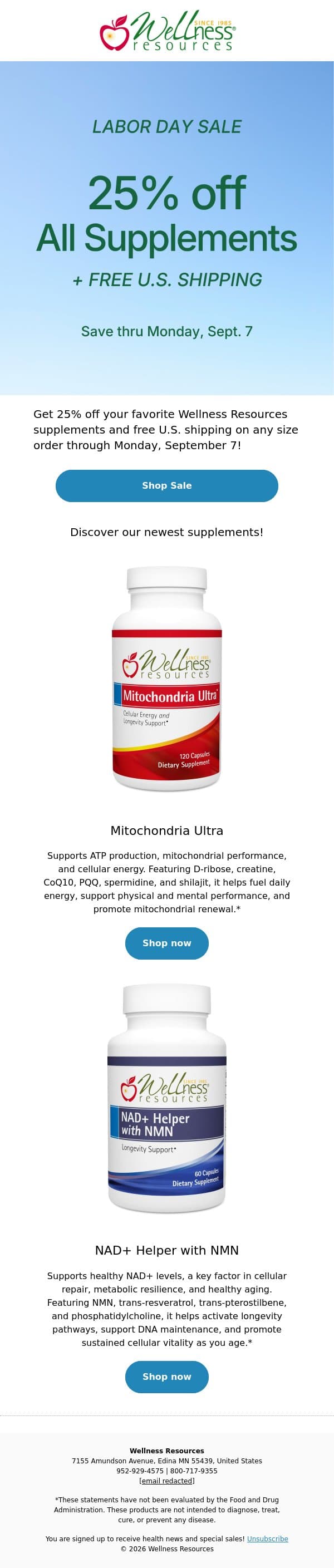 Labor Day Sale: 25% off Sitewide + Free Shipping! email from Wellness Resources screenshot