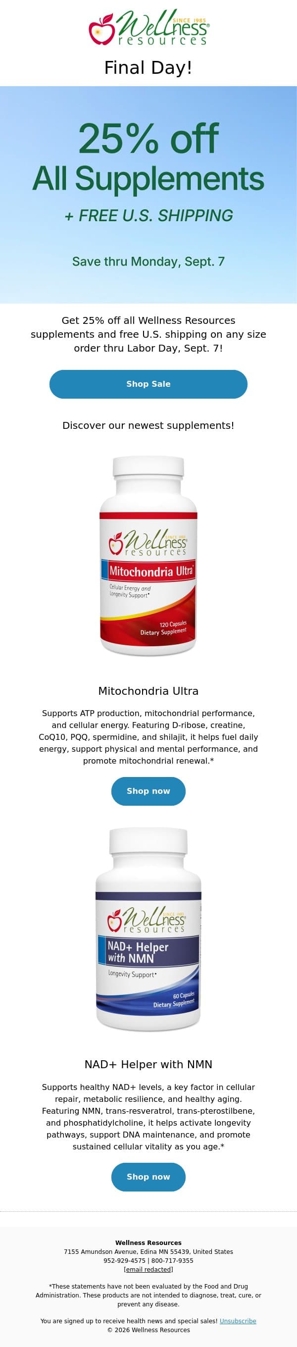 Final Day: 25% off All Supplements + Free Shipping! email from Wellness Resources screenshot