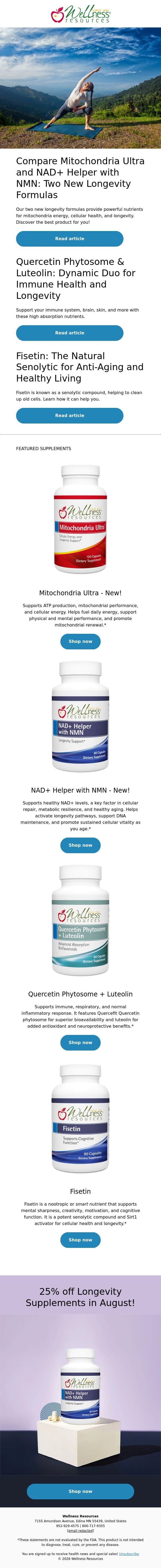 Compare Mitochondria Ultra and NAD+ Helper: Two New Longevity Formulas email from Wellness Resources screenshot