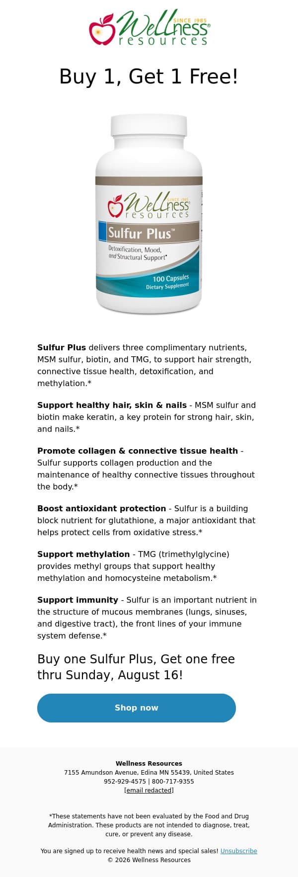 Flash Sale: BOGO Sulfur Plus! email from Wellness Resources screenshot