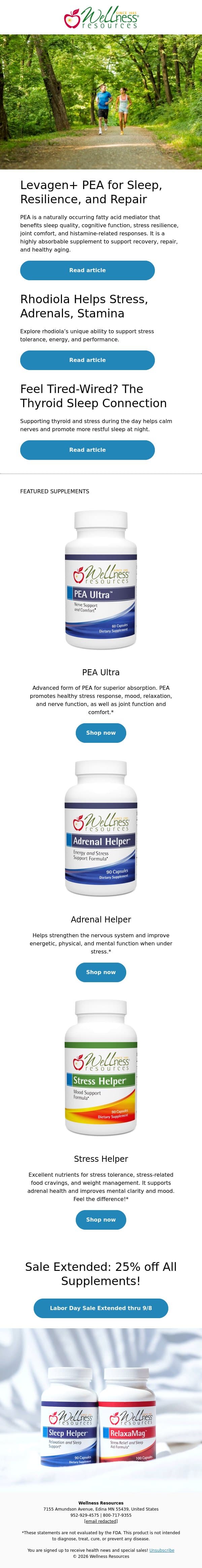PEA for Sleep, Resilience, and Repair email from Wellness Resources screenshot